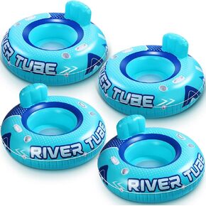 4 Pcs 53" Heavy Duty River Tube Float Inflatable Pool Floating Tube for Adult Large River Raft Water Chair Lounger with Mesh Bottom Backrest 2 Cup Holders and Handles,Holds 300lb