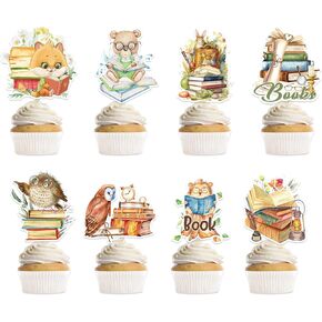 40 Pcs Book Themed Party Decorations, Storybook Cupcake Toppers with Cute Animals Designs, Birthday or Baby Shower Supplies for Kids and Book Lovers (8 Designs)