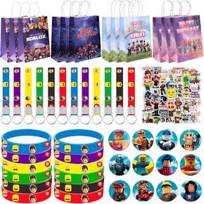 98pcs موضوعات حفلات عيد ميلاد المظهر المشتركة 12 أساور ، دبابيس ، سلاسل المفاتيح ، أكياس الهدايا ، 50 ملصقات للهدايا ، لأفضل لوازم الحفلات