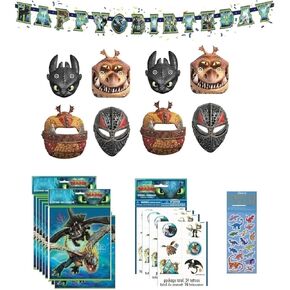 How to Train Your Dragon Birthday Party Supplies Decoration Favor Bundle Pack includes 8 Loot Bags, 8 Party Paper Masks, 24 Tattoos, 1 Happy Birthday Banner, 1 Dinosaur Sticker Sheet