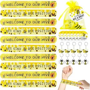 24 Set Bees Themed Back to School Gifts for Students, First Day of School Gift with Slap Bracelets Keychains Organza Bags Welcome Greeting Cards, Classroom Bulk Gifts Party Favors Goodie Bag Fillers
