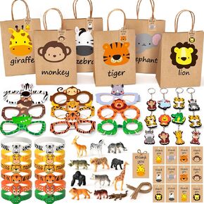 Winrayk 12 Sets Jungle Safari Party Favors Wild Animals Birthday Supplies, Tote Bag Paper Glasses Animal Figure Silicone Wristband Keychain, Goodie Bag Stuffers Kids Girl Boy Safari Jungle Party Decor