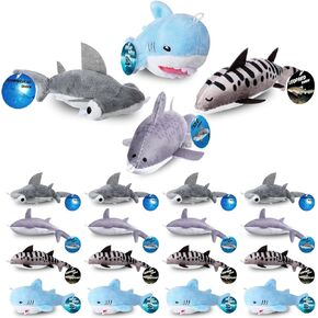 16 Sets Mini Shark Stuffed Animal with Lanyard and Educational Cards Sea Animal Plush Bulk for Kids Shark Gifts Ocean Party Favors