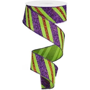 Halloween Stripe Wired Ribbon, Orange Purple Lime Green, 1.5 Inches x 10 Yards (30 Feet)