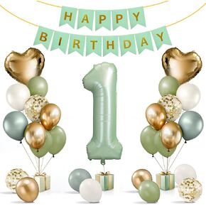 1st Birthday Decorations Boy, First Birthday Decorations for Boy with Happy Birthday Banner, 40inch 1 Balloon Number, Dusty Blue Balloons, Baby One Year Old Birthday Party Decor