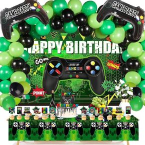 64 Pieces Video Game On Theme Party Supplies Sett: Decorations with Happy Birthday Gaming Backdrop, Game Table Covers, Cake Topper, Foil Gamer Balloons, Multi-Color Balloons. Perfect for Game Party!