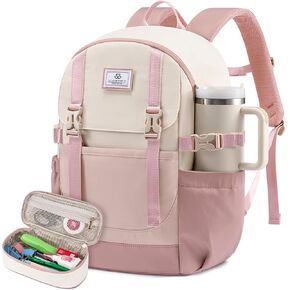 LOVEVOOK School Backpack for Teen Girls, Waterproof Travel College Bookbag for Middle High School with Large Cup Holder & Pencil Case, Fits 15.6'' Laptop, Cute Aesthetic Kids Student Backpack