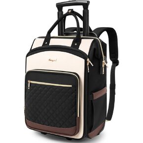 Rolling Backpack for Women, 16 Inch Travel Backpack with Wheels, Vertical Storage Wheeled Laptop Backpack, Underseat Carry on Luggage for Adults Business Work, Stylish Rolling Laptop Bag, Beige Brown