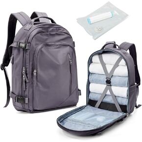 Vacuum Backpack Travel with Pump & Separate Seal Compression Bag, Waterproof Carry on Suitcase Luggage Flight Approved for Men Women, Anti-theft Laptop Daypack for Work Trip Gym, Black