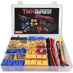 TMH 183 Pcs T-Plug EC3 EC5 XT30 XT60 XT90 TRX-Plug Male & Female Adapter Connector Kit with Silicone Wire and Heat Shrink Tubing for RC ESC Lipo Battery Motor (Total 183 PCS)