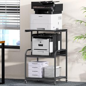 EasyCom Printer Stand- Large 3 Tier Printer Table with Wheels- Industrial Rolling Cart for Desk- Heavy Duty Printer Stands with Storage Shelf for Living Room Bedroom Office Black