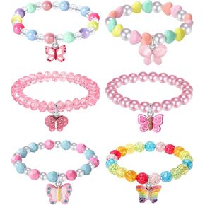 6 Pieces Colorful Girls Butterfly Bracelets Rainbow Beaded Bracelet for Birthday Party Favors Toddler Friendship Bracelet Jewelry Little Girls Costume Butterfly Jewelry-Butterfly