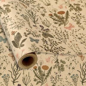 JarThenaAMCS Vintage Wildflower Kraft Wrapping Paper -Mini Roll- 17In x 32.8Ft Green Brown Floral Gift Wrap Paper Craft Paper for Spring Birthday Wedding Bridal Baby Shower Party Packing Supplies