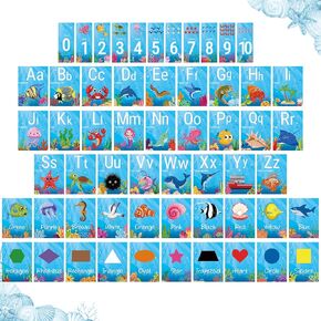 Alphabet and Number Bulletin Board Set Manuscript Educational Preschool Cards Under The Sea ABC Letters Number 0-10 Cards Early Learning Colors Shapes Cards for Kindergarten Classroom Wall Decoration