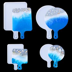 FineInno 4Pcs Resin Tray Molds,Rectangle Silicone Molds for Cutting Board,Round Epoxy Resin Casting Molds with Handles DIY Large Serving Tray