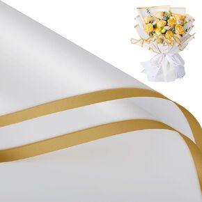 Pink Flower Bouquet Wrapping Paper with Gold Border Design, Korean Style, Waterproof Gift Wrap, Floral Paper for DIY Making Gift Packages (15 Sheets)