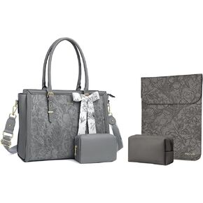 MOSISO 13 inch Laptop Sleeve Embossed Retro Hibiscus PU Leather Case with Small Bag&Laptop Tote Bag 17-17.3 inch PU Leather Front Embossed Retro Hibiscus Bag with Silk Scarf&Clutch Purse, Gray