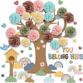Boho Tree Classroom Bulletin Board Set with 3D Tissue Paper Flower You Belong Here Classroom Decorations Boho Rainbow Heart Paper Cutouts for Back to School Chalkboard Nursery Home Door Wall Decor