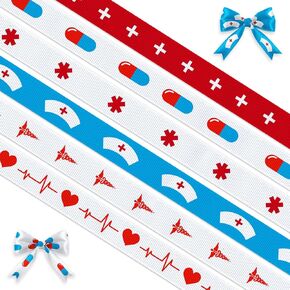 Nurse Ribbon 6 Rolls 0.39 Inch Grosgrain Ribbon for Red White Healthcare Wreath Bows DIY Crafts 30 Yards Wrapping Ribbon for Nurse Appreciation Party Medical Decoration Supplies