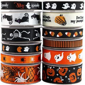 12 Rolls 60 Yards Halloween Ribbon Spider, Spider Web, Pumpkin, Black cat, Ghost, Corn Candy, Skull Ribbons for DIY Crafts,Wreaths,Party Decoration