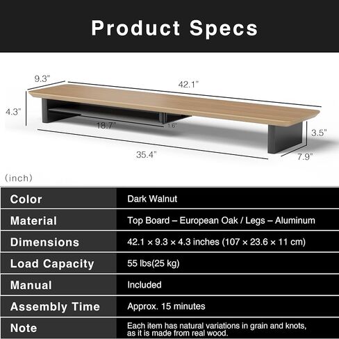 Large Wood Desk Shelf / Dual Monitor Stand / Computer Monitor Riser Desk Stand / Wooden monitor stand for desk 2 monitors (Dark Walnut) in Saudi Arabia