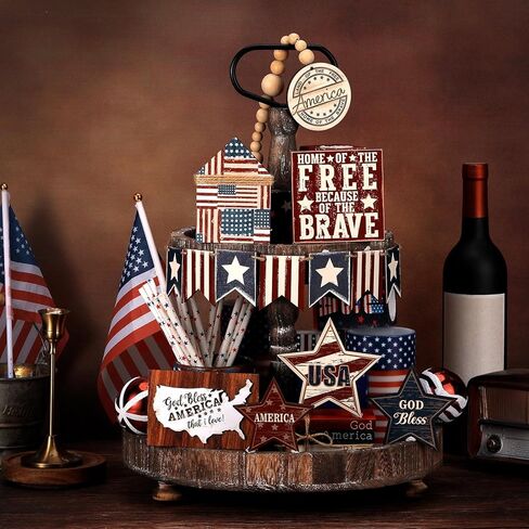 18 قطعة من مجموعة ديكور صينية متدرجة في الرابع من يوليو، ديكور يوم الاستقلال الوطني الريفي، توهج عتيق، يوم المزرعة التذكاري، صينية متدرجة، علامة خشبية، أحمر أبيض، أزرق، ديكور للطاولة (العلم) in Kuwait