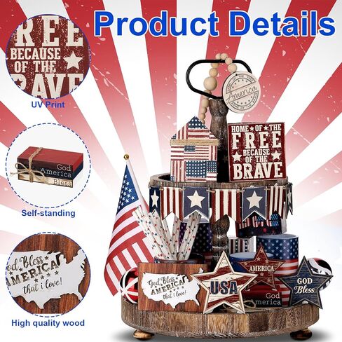 18 قطعة من مجموعة ديكور صينية متدرجة في الرابع من يوليو، ديكور يوم الاستقلال الوطني الريفي، توهج عتيق، يوم المزرعة التذكاري، صينية متدرجة، علامة خشبية، أحمر أبيض، أزرق، ديكور للطاولة (العلم) in Kuwait