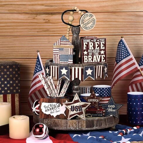 18 قطعة من مجموعة ديكور صينية متدرجة في الرابع من يوليو، ديكور يوم الاستقلال الوطني الريفي، توهج عتيق، يوم المزرعة التذكاري، صينية متدرجة، علامة خشبية، أحمر أبيض، أزرق، ديكور للطاولة (العلم) in Kuwait