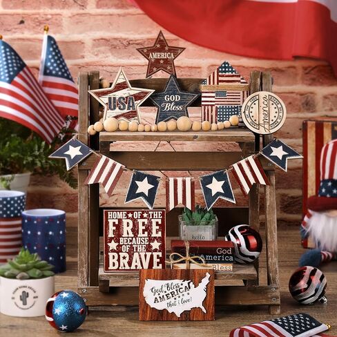 18 قطعة من مجموعة ديكور صينية متدرجة في الرابع من يوليو، ديكور يوم الاستقلال الوطني الريفي، توهج عتيق، يوم المزرعة التذكاري، صينية متدرجة، علامة خشبية، أحمر أبيض، أزرق، ديكور للطاولة (العلم) in Kuwait