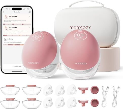 Momcozy Mobile Flow Breast Pump, App Controlled with Multi-Modes, Hands-Free & Wearable M9 Breast Pump, Stand up Directly with Breastmilk Storage, 1 Count, Pink in Saudi Arabia