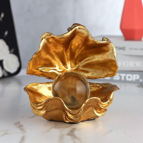 Gold Pearl Oyster Sculpture Handmade Shell Statue Home Decor - Coastal Beach Theme Tabletop Decor,Art Gift,4.72 Inch in Saudi Arabia