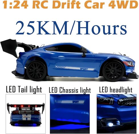 1:24 RC Drift 2.4GHz with LED Light, Race Car Toys for Boy Girl 8-12 Years Old, Speed Adjustable 25Km/H,High Speed RC Racing Cars Perfect Toy Gift for Boys & Girls (Blue) in Kuwait
