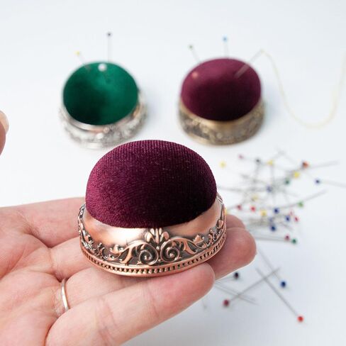 Vintage Pin Cushion, Elastic Needle Holder with 50pcs Needles for Sewing, Quilting, Knitting, Beautiful Pattern, Metal Base, Ball Shaped Needle Pin Holder for Sewing (Green in Saudi Arabia