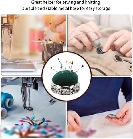 Vintage Pin Cushion, Elastic Needle Holder with 50pcs Needles for Sewing, Quilting, Knitting, Beautiful Pattern, Metal Base, Ball Shaped Needle Pin Holder for Sewing (Green in Saudi Arabia