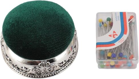 Vintage Pin Cushion, Elastic Needle Holder with 50pcs Needles for Sewing, Quilting, Knitting, Beautiful Pattern, Metal Base, Ball Shaped Needle Pin Holder for Sewing (Green in Saudi Arabia