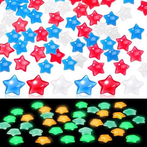 Weysat 240 Pcs Glow in Dark 4th of July Vase Filler Patriotic Acrylic Star Gem Bead Resin Luminous Star Crystal Red White Blue Decor for Memorial Independence Day Party Tabletop, 0.8/0.2 Inch(Mixed) in Kuwait