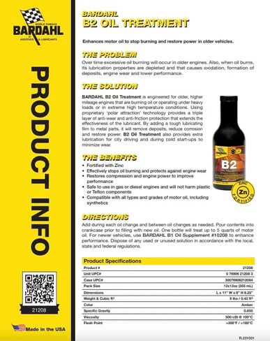 21208 B2 Oil Treatment Additive - Motor Oil Enhancement to Prevent Oil Burning and Restore Older, High Mileage Engines - 12 fl. oz. (Pack of 1) in Saudi Arabia