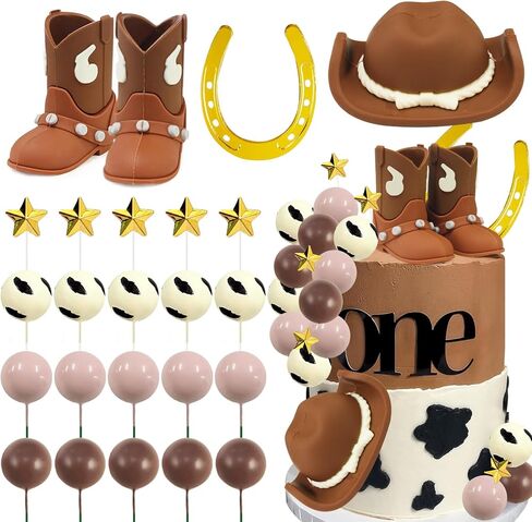 Memovan 24pcs Cowboy Rodeo Cake Topper Cowboy Western Cake Decorations Hat Bowboy Hat و Boot Cake Cupcake مع الكرات وزخارف حدوة الحصان للاستحمام الطفل أولا روديو عيد ميلاد Vaquero in Kuwait