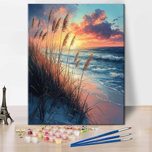 Rebotipy Seaside Paint by Numbers for Adults Sunset Beach Landscape with Tall Grasses and Warm Light, Paint by Numbers Kit on Canvas for Beginners,Watercolor Oil Painting Set 16x20 Inch in Saudi Arabia