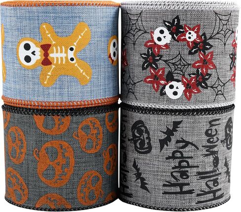 12 Rolls 60 Yards Halloween Ribbon Spider, Spider Web, Pumpkin, Black cat, Ghost, Corn Candy, Skull Ribbons for DIY Crafts,Wreaths,Party Decoration in Kuwait