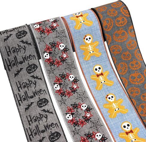 12 Rolls 60 Yards Halloween Ribbon Spider, Spider Web, Pumpkin, Black cat, Ghost, Corn Candy, Skull Ribbons for DIY Crafts,Wreaths,Party Decoration in Kuwait