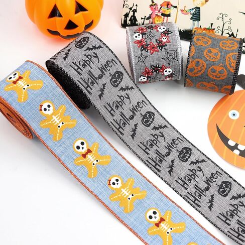 12 Rolls 60 Yards Halloween Ribbon Spider, Spider Web, Pumpkin, Black cat, Ghost, Corn Candy, Skull Ribbons for DIY Crafts,Wreaths,Party Decoration in Kuwait