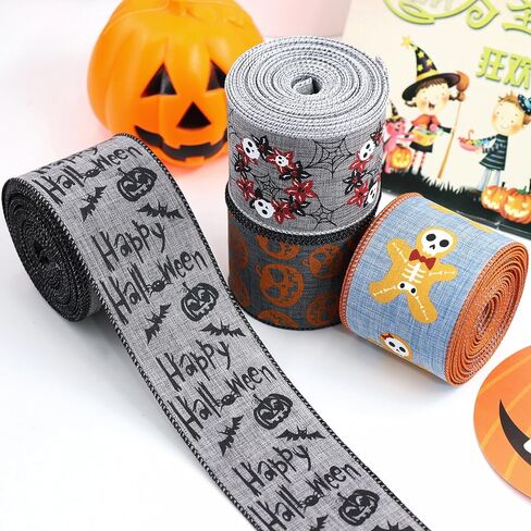 12 Rolls 60 Yards Halloween Ribbon Spider, Spider Web, Pumpkin, Black cat, Ghost, Corn Candy, Skull Ribbons for DIY Crafts,Wreaths,Party Decoration in Kuwait