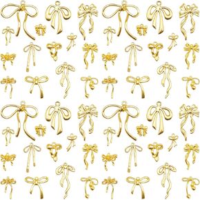 Julie Wang 42pcs Gold Bowknot Charms for Jewelry Making, 14 Styles Alloy Bow Pendants for Women Bracelets, Earrings, Necklace DIY Craft Supplies