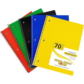 Wide Ruled Spiral Notebooks - 5pk School Supply Bundle - Ruled Paper for Elementary School Students - Bulk Office Supplies - Assorted Colors: Red, Green, Yellow, Blue, Black
