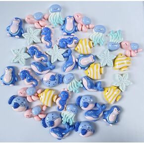 Summer Sea Theme Resin Embellishments, 40 Pieces Coconut Tree Crab Starfish Whale Resin Flatbacks for DIY Handicraft, Phone Case,Scrapbooking (Blue)