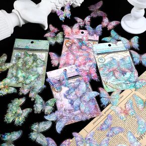 80pcs Glitter Butterfly Stickers Holographic Waterproof Clear Transparent Butterfly Stickers for Scrapbooking Sparkly Crystals Resin Sticker Decals for Journaling Water Bottles Planner Laptop