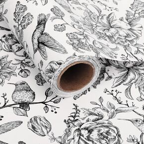 1 Roll Black Floral Bird Wrapping Paper - Mini Roll - 17in x 32.8Ft Black Flowers Bird Pattern Gift Wrap Paper for Mother's Day Birthday Wedding Baby Shower Party Wrapping Supplies