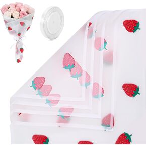 20 Sheets Pink Strawberry Flower Wrapping Paper, Matte Korean Florist Floral Bouquet Wrapping Paper with Ribbon, Waterproof Flower Wrap for Bouquets Gifts Girl Birthday Wedding Graduation Mother's Day