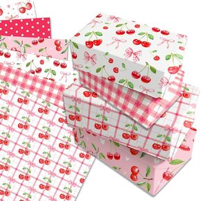 12 Sheet Cherry Wrapping Paper, Pink Cherry Bow Gift Wrap Paper Pink Watercolor Cherrys Fruits Gingham Romantic Ribbon Craft Wrapping Papers Folded Flat Craft for Birthday Supplies, 20'' x 27''